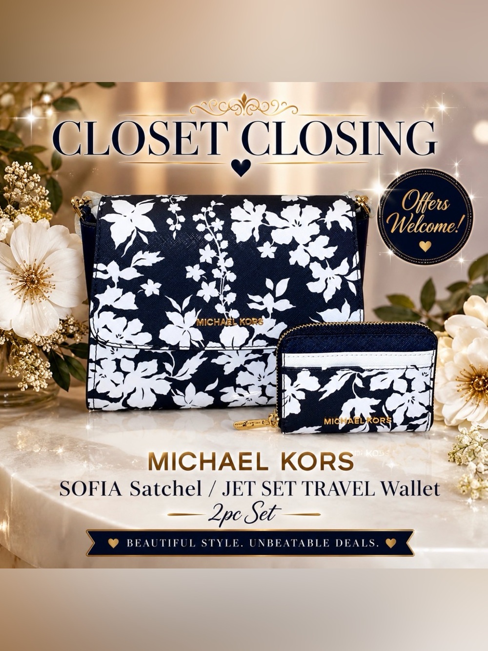 Michael Kors SOFIA Satchel/JET SET TRAVEL Wallet 2pc Set